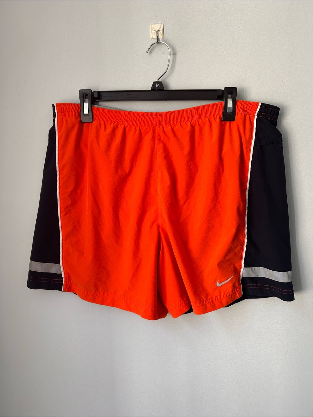 Nike Mens LG Running Shorts Orange Navy 5" Inseam Dri-Fit Back Zip Pocket